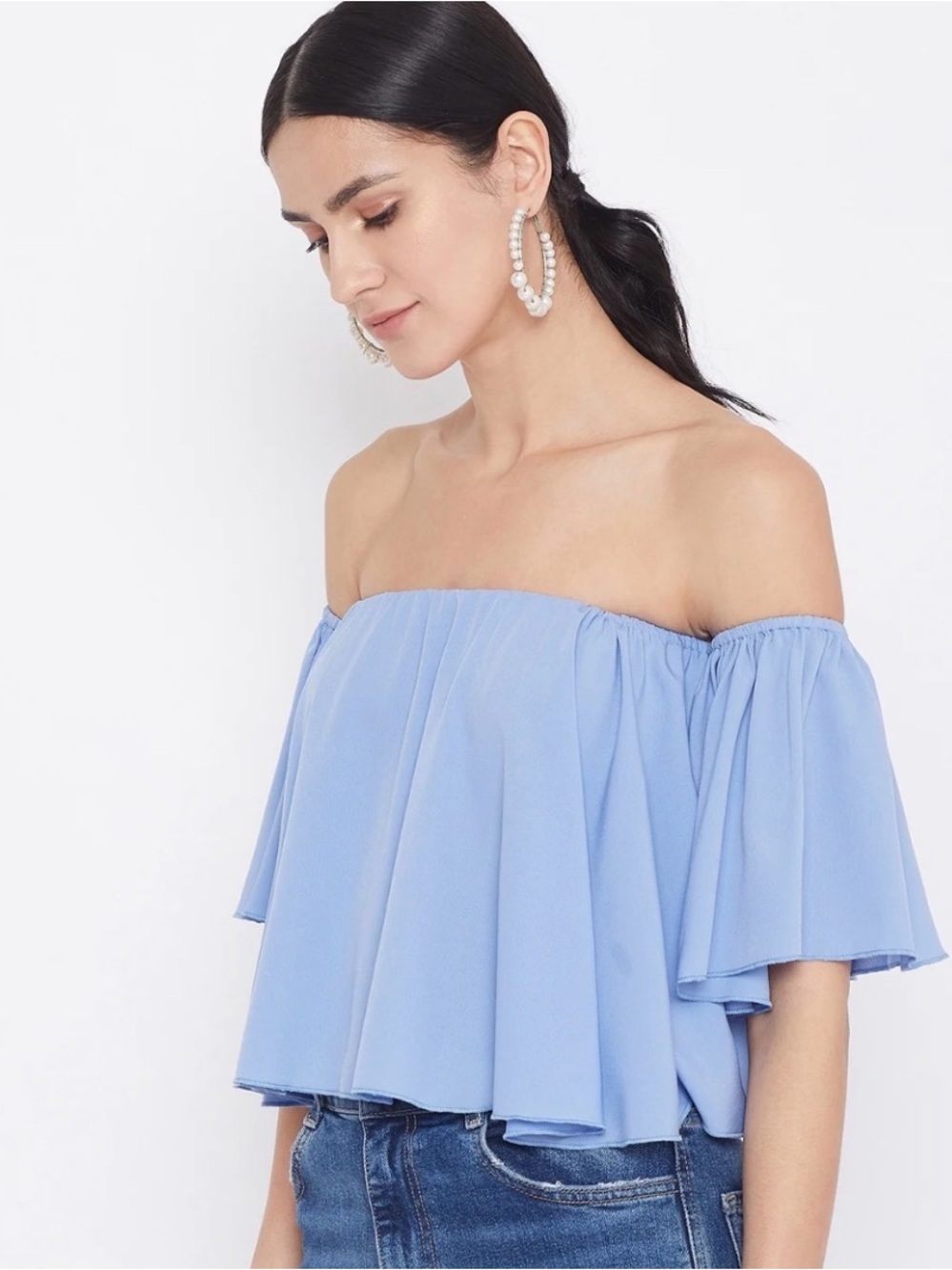 Off-Shoulder Ruffle Crop Top - Light Blue - Picture 2 of 6